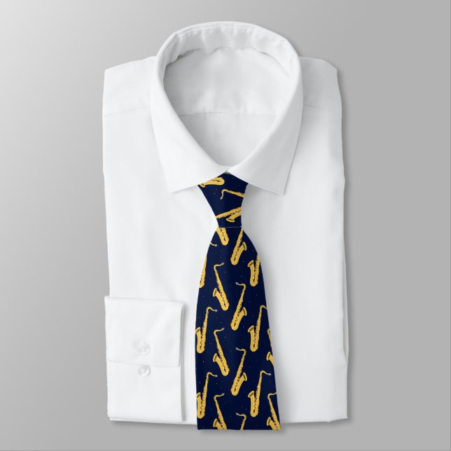 Saxophonist Stylish Saxophone Pattern on Navy Blue Tie (Tied)