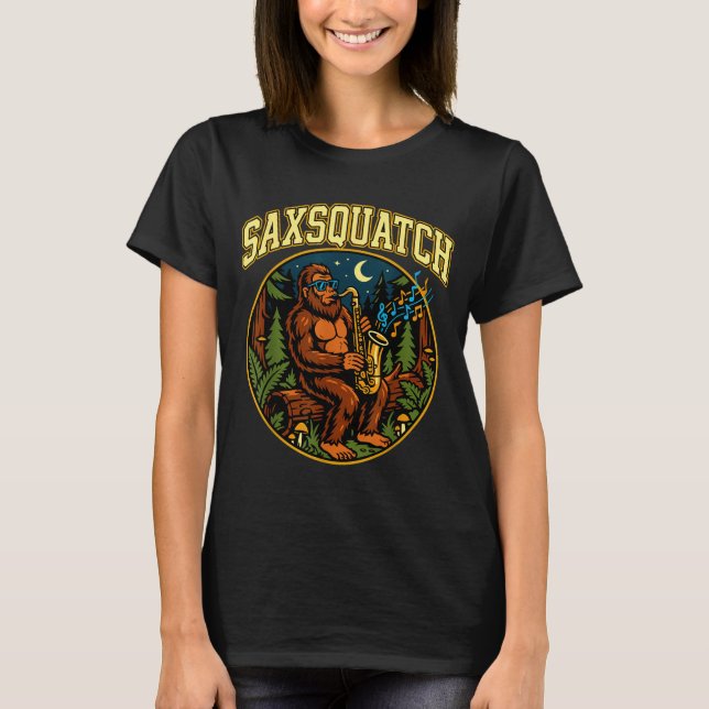 Saxsquatch Bigfoot Saxophone Player Jazz Music Hum T-Shirt (Front)