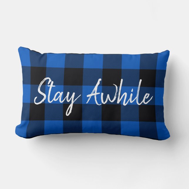 Say Awhile Text on Black and Blue Plaid Lumbar Cushion (Front)
