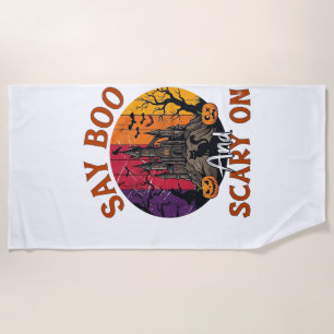 Say Boo Scary Halloween Haunted House Black Cat Pu Beach Towel