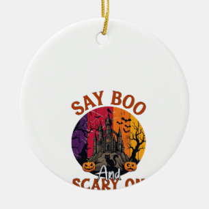 Say Boo Scary Halloween Haunted House Black Cat Pu Ceramic Ornament