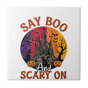 Say Boo Scary Halloween Haunted House Black Cat Pu Ceramic Tile