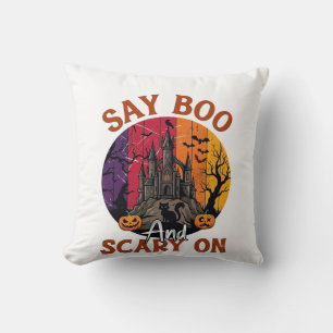 Say Boo Scary Halloween Haunted House Black Cat Pu Cushion