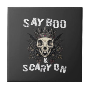 Say Boo Scary Skull Crown Bat Wings Halloween_1 Ceramic Tile