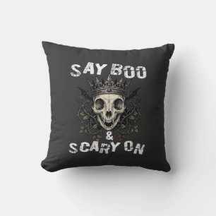 Say Boo Scary Skull Crown Bat Wings Halloween_1 Cushion