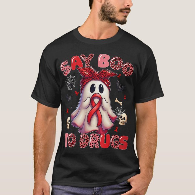 Say Boo To Drugs Leopard Red Ribbon Week Awareness T-Shirt (Front)