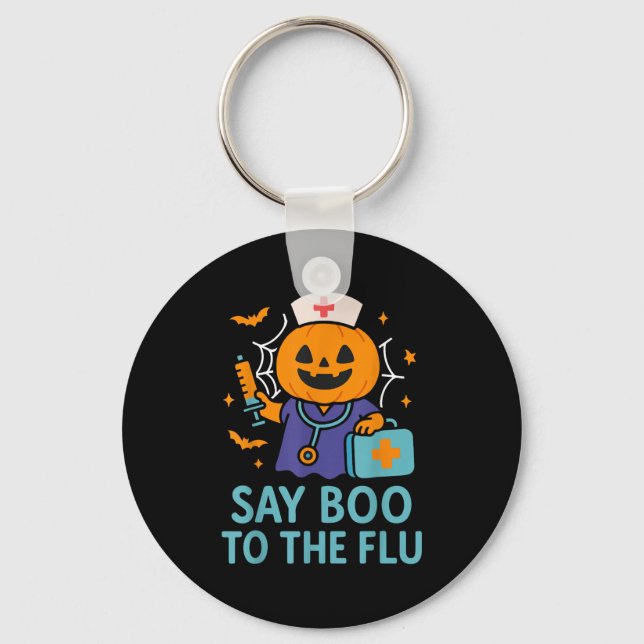 Say Boo To The Flu Nurse Halloween Vaccine Pumpkin Key Ring (Front)