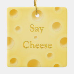 "Say Cheese" Cute Cutomizable Yellow Cheese Slice Ceramic Ornament