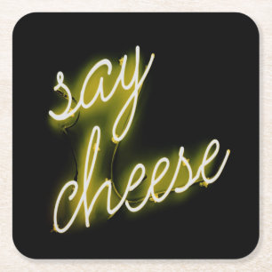 Say Cheese Neon Lights Square Paper Coaster