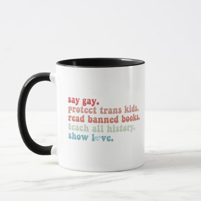 Say Gay Protect Trans Kids Read Banned Books LGBTQ Mug (Left)