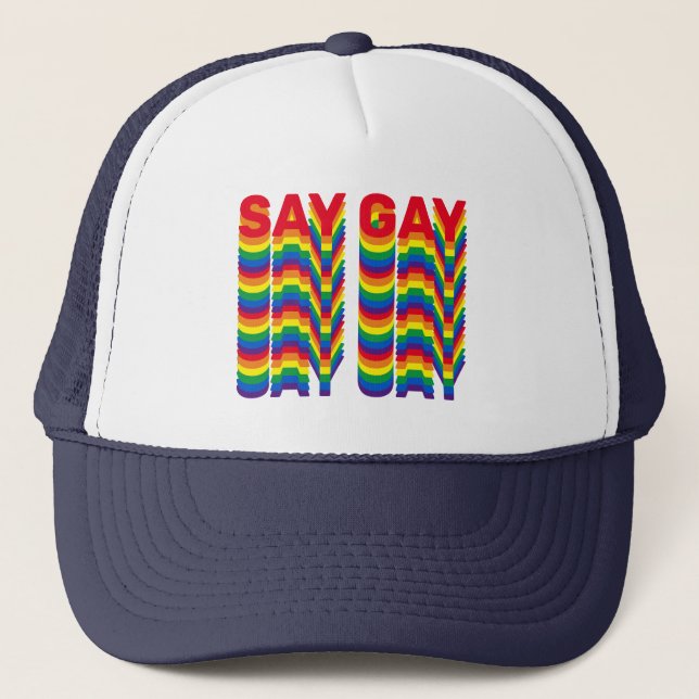 Say Gay rainbow lgbtq pride flag retro pattern Trucker Hat (Front)