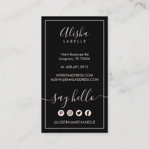 Say Hello   Elegant Black & Blush Pink Social Business Card
