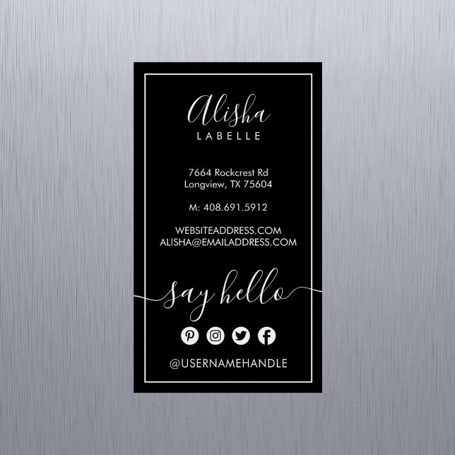 Say Hello | Elegant Black & Blush Pink Social Magnetic Business Card (Say Hello | Elegant Black & Blush Pink Social Business Card Magnet)