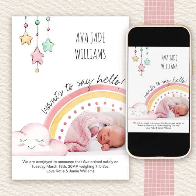 Say Hello Photo Cute Rainbow Nursery Girl Birth Announcement (Photo Baby Girl Birth Announcement with Cute Rainbow)