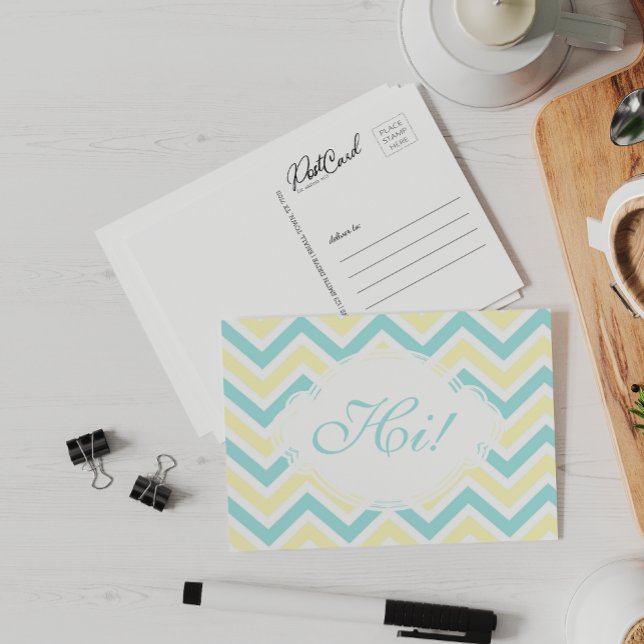 Say Hi Yellow Aqua Fun Zig Zag Pastel Custom Postcard (Creator Uploaded)