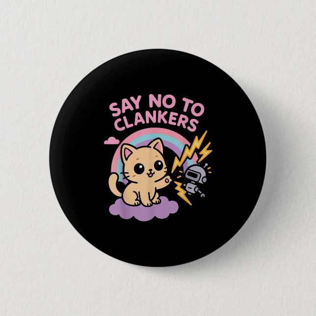 Say No To Clankers Anti Ai Robots Cute Kitten Rain 6 Cm Round Badge (Front)