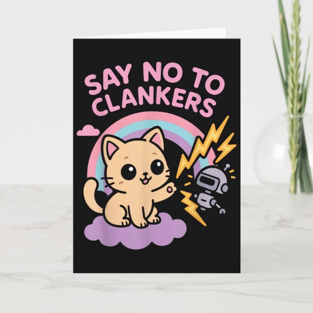 Say No To Clankers Anti Ai Robots Cute Kitten Rain Card (Front)