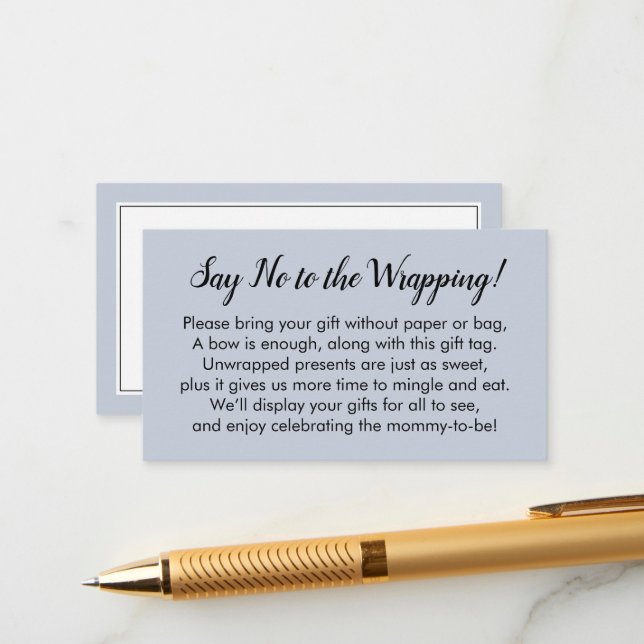 Say No to Wrapping Baby Shower Dusty Blue Gift Enclosure Card (Front/Back In Situ)