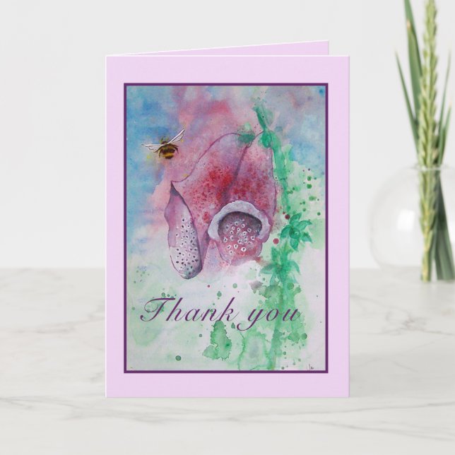Say Thank you with a Foxglove and Bee watercolour Card (Front)