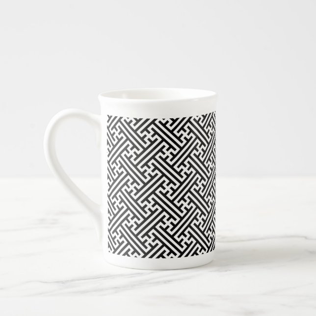Sayagata pattern, Japanese, Black and White Bone China Mug (Left)