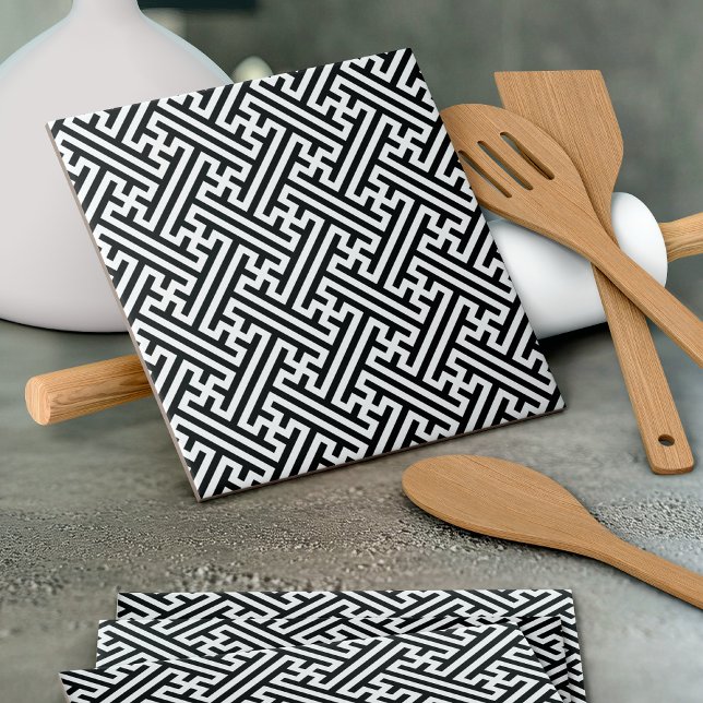 Sayagata pattern, Japanese, Black and White Ceramic Tile (Creator Uploaded)