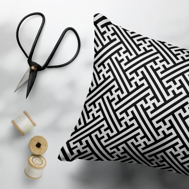 Sayagata pattern, Japanese, Black and White Decorative Cushion (Creator Uploaded)