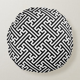 Sayagata pattern, Japanese, Black and White Round Cushion