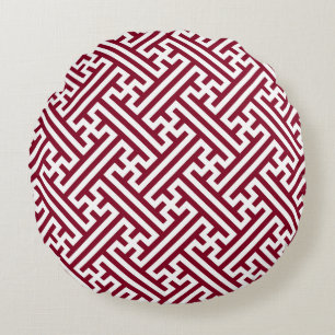 Sayagata pattern, Japanese, Burgundy and White Round Cushion