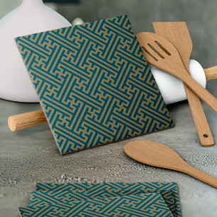 Sayagata pattern, Japanese, Gold and Navy Blue Ceramic Tile