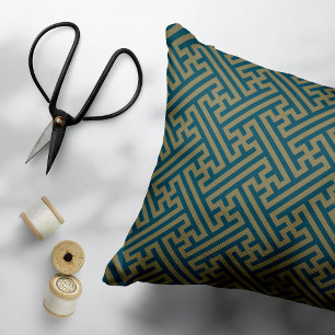Sayagata pattern, Japanese, Gold and Navy Blue Decorative Cushion