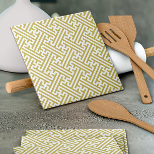 Sayagata pattern, Japanese, Gold and White Ceramic Tile
