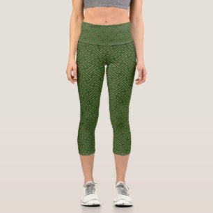 Sayagata pattern, Japanese, Green and Gold Capri Leggings