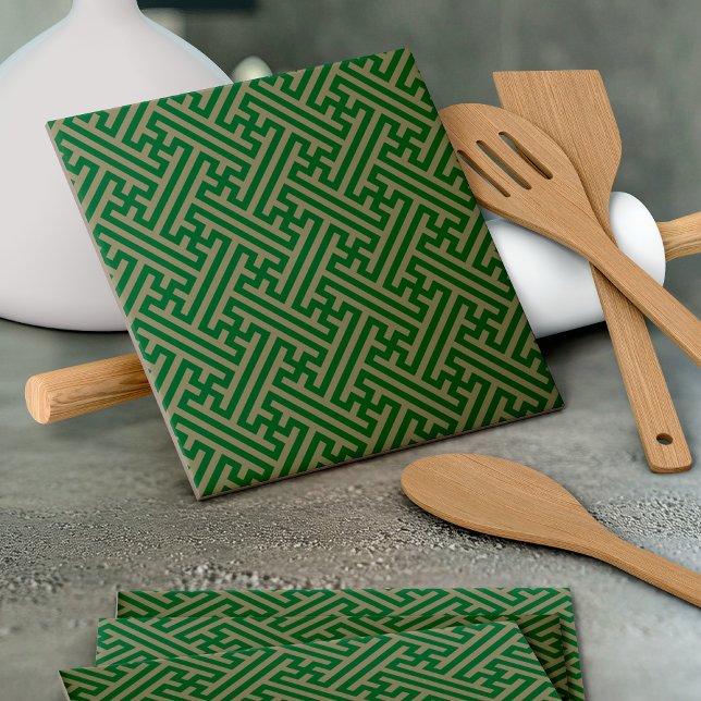 Sayagata pattern, Japanese, Green and Gold Ceramic Tile (Creator Uploaded)