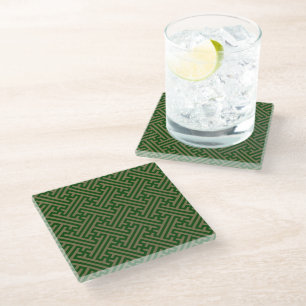 Sayagata pattern, Japanese, Green and Gold Glass Coaster