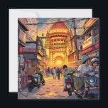 Saying Hello from India | Kolkata Card<br><div class="desc">Cartoon ai illustration of downtown area of Kolkata,   the capital and largest city of the Indian state of West Bengal.  A greeting card saying hi from India with an illustration of busy downtown street with buildings,  restaurants,  shops and people on their motor bikes.</div>