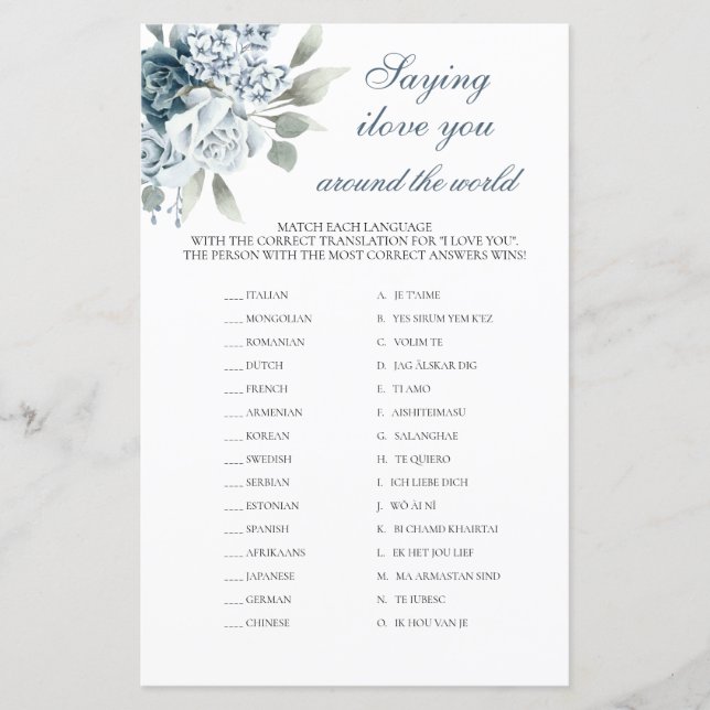 Saying I Love You around the World bridal game (Front)