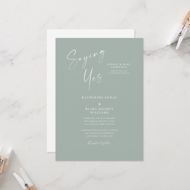 Saying Yes Sage Elegant Bride Parents Wedding Invitation (Front/Back In Situ)