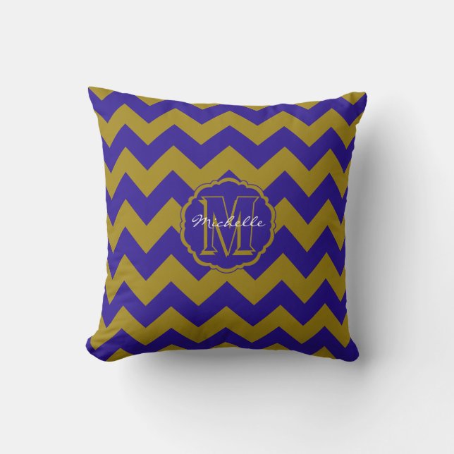 SC Monogram Chevron, Blue-Gold Square Pillow (Front)