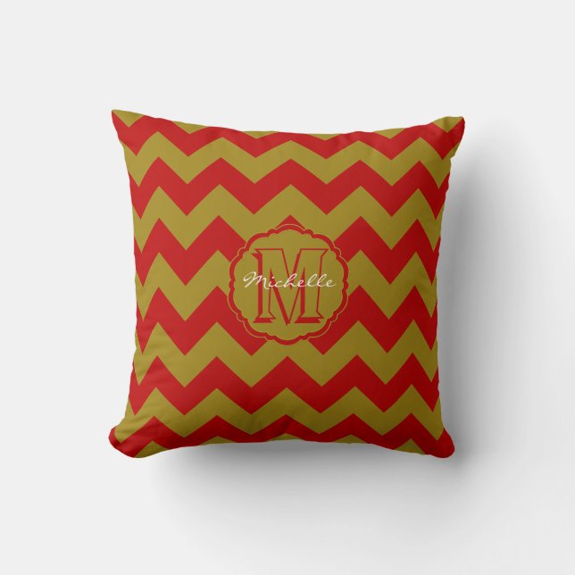 SC Monogram Chevron, Red-Gold Square Pillow (Front)