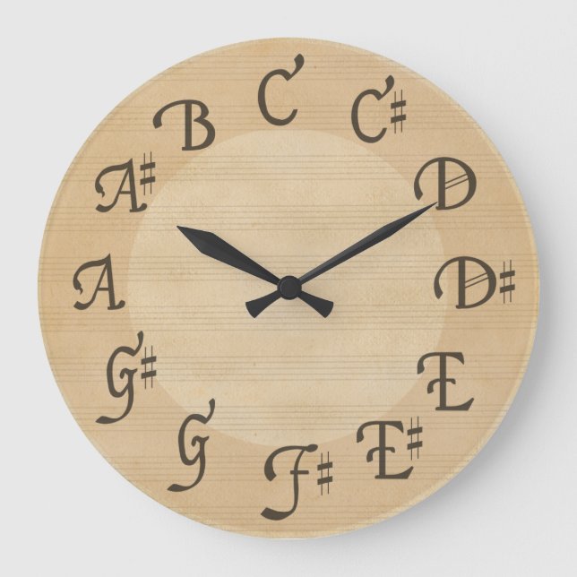 Scale of Music Notes with Sharps, Antique Look Large Clock (Front)