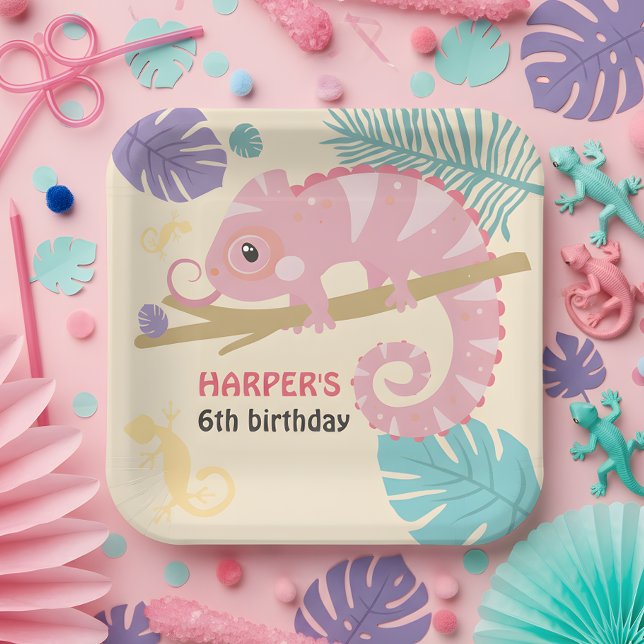 Scales and Tails Girl's Reptile Birthday  Paper Plate (You'll be “swamped” for guests with our scales and tails girl's reptile birthday party supplies! )
