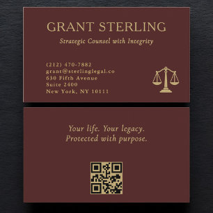 Scales of Justice Burgundy Gold Legal QR Code Business Card