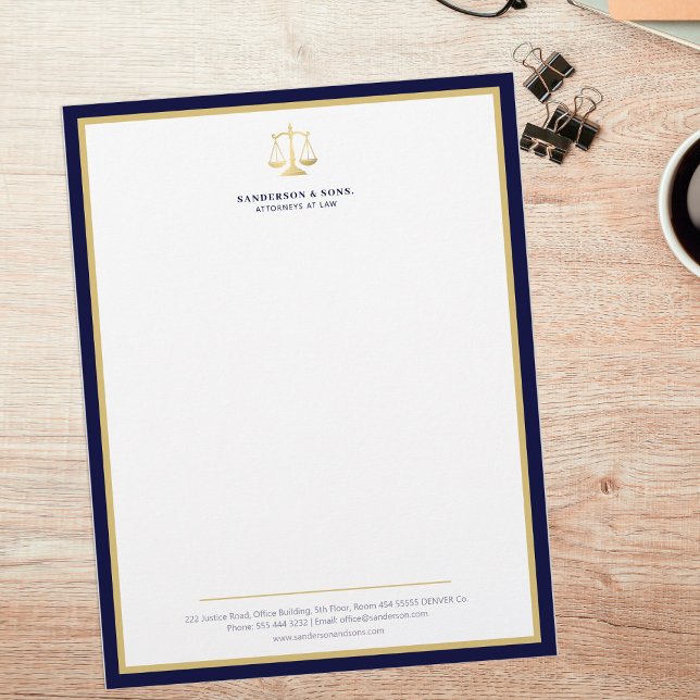 Scales of justice elegant attorney gold logo navy custom letterhead (Creator Uploaded)