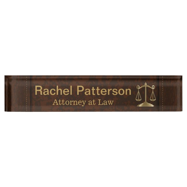 Scales of Justice | Lawyer | Rustic Brown Leather Nameplate (Front)