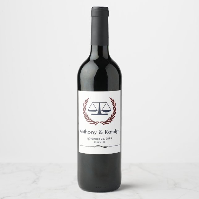 Scales of Justice Wreath Lawyer Wedding Custom Wine Label (Front)