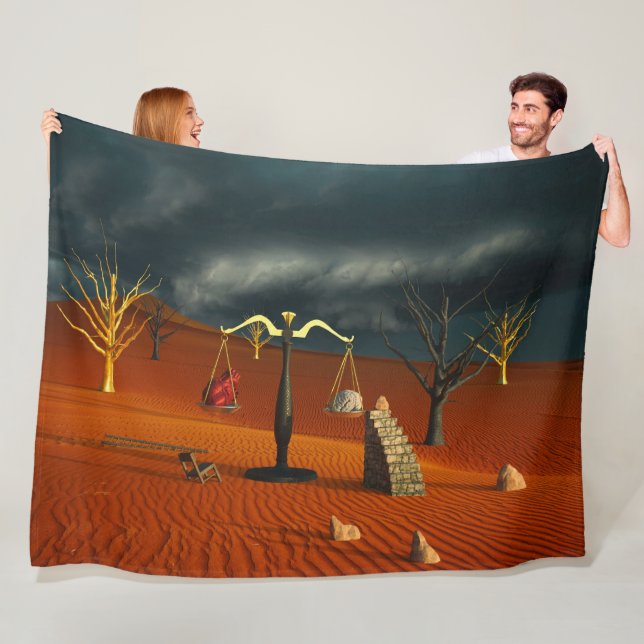 Scales of Truth – Surreal Desert Symbolism Fleece Blanket (In Situ)