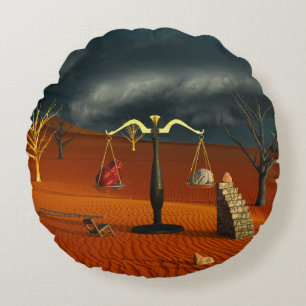 Scales of Truth – Surreal Desert Symbolism Round Cushion