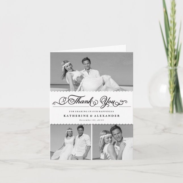 Scallop Band Romantic Script 3 Multi Photo Wedding Thank You Card (Front)