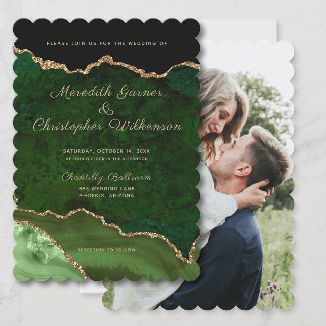 Scallop Edge Gold Green Agate Photo Wedding Invitation (Creator Uploaded)