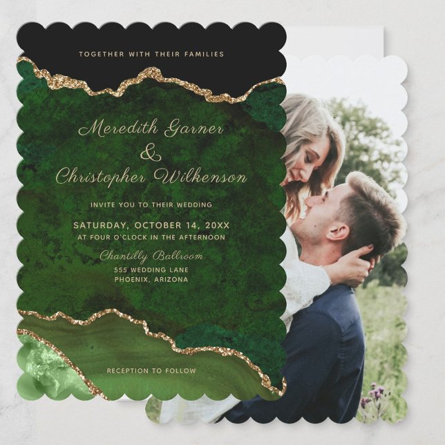 Scallop Edge Gold Green Geode Agate Photo Wedding Invitation (Creator Uploaded)